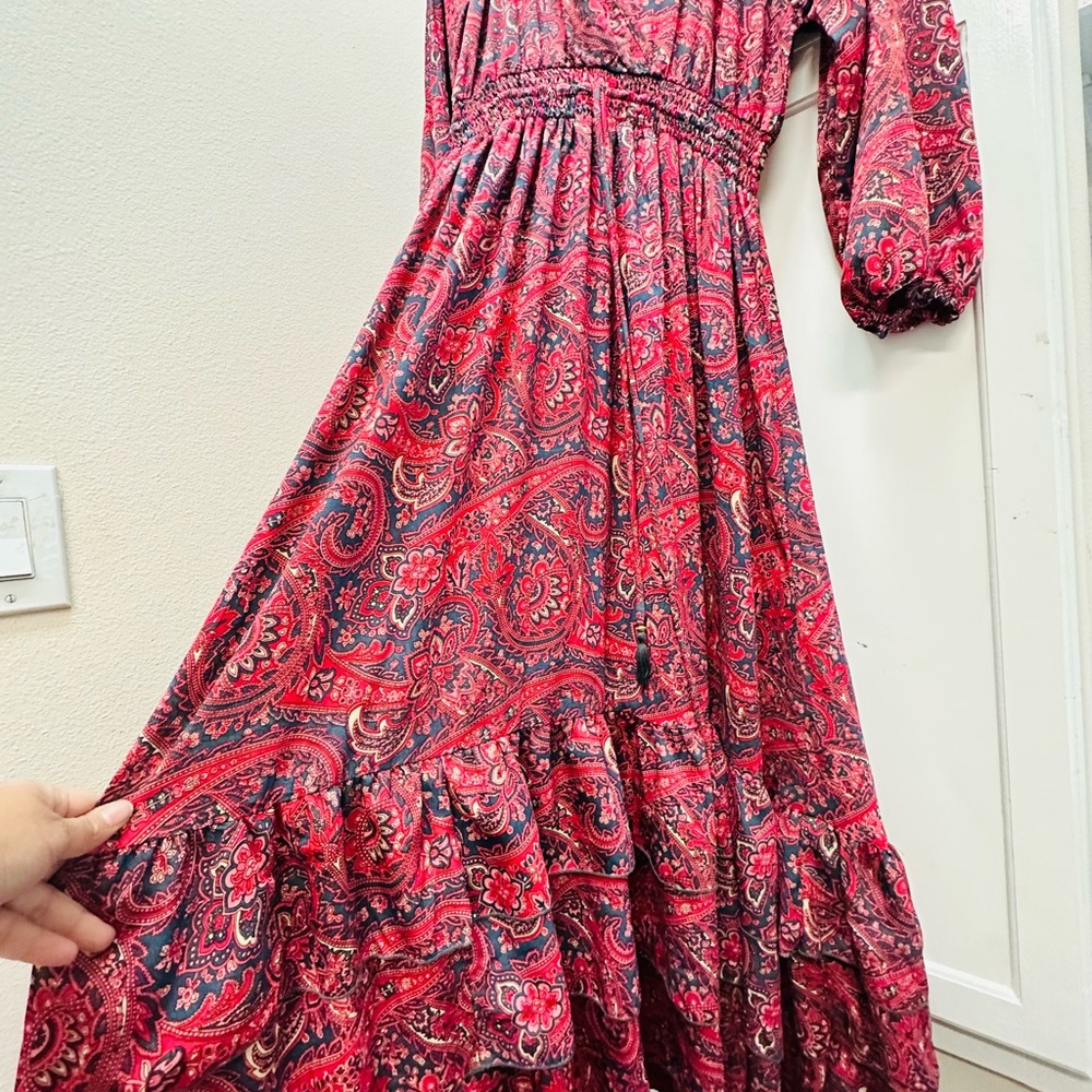 Boemo x Anthropologie Paisley Puff Sleeve Tiered Maxi Dress Red Women large